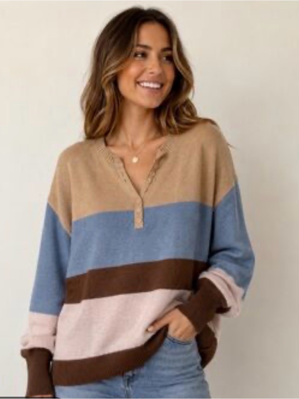 Love♥️Change Italy Colorblock V‑Neck Pullover Sweater - Camel Blue Pink